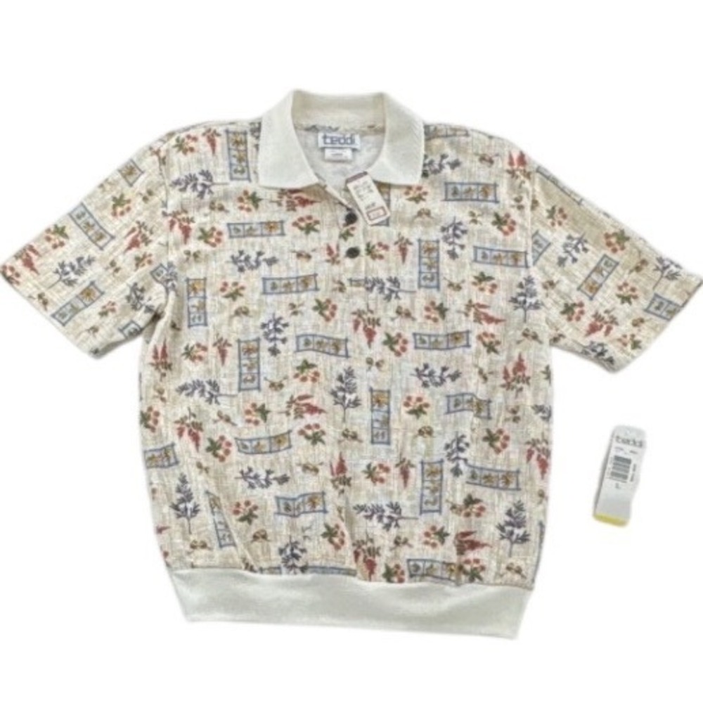 Vintage‎ Teddi Maple Drive Floral Texture Polo Shirt L Cottagecore 90s Foley's